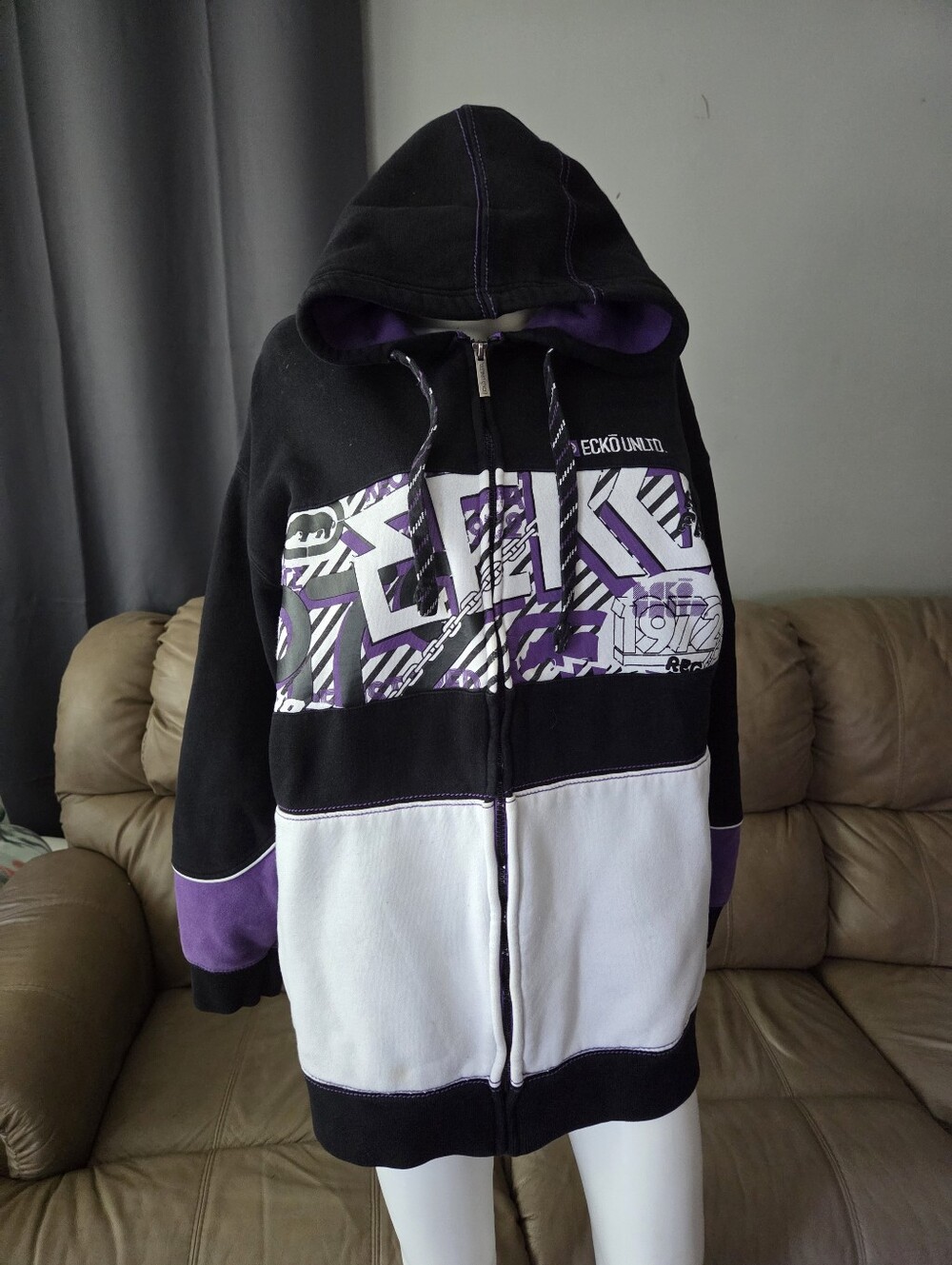Ecko Unlimited Black, White & Purple Colorblock Zip Hoodie, Size XXL